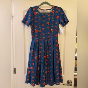 LuLaRoe Vibrant Blue Dress with Geometric Watemelon Pattern and has pockets!